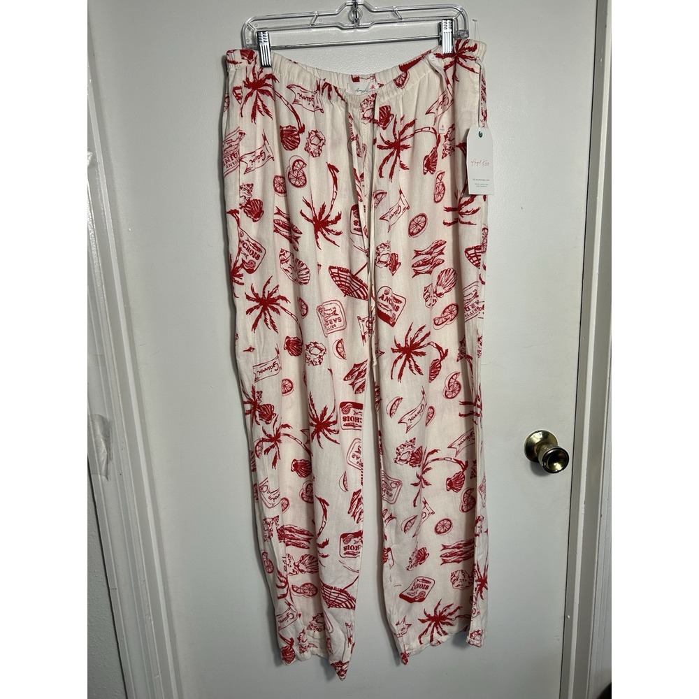 Angel Kiss Women's‎ XL Linen Blend Pants Red White Tropical Coastal Beach Print